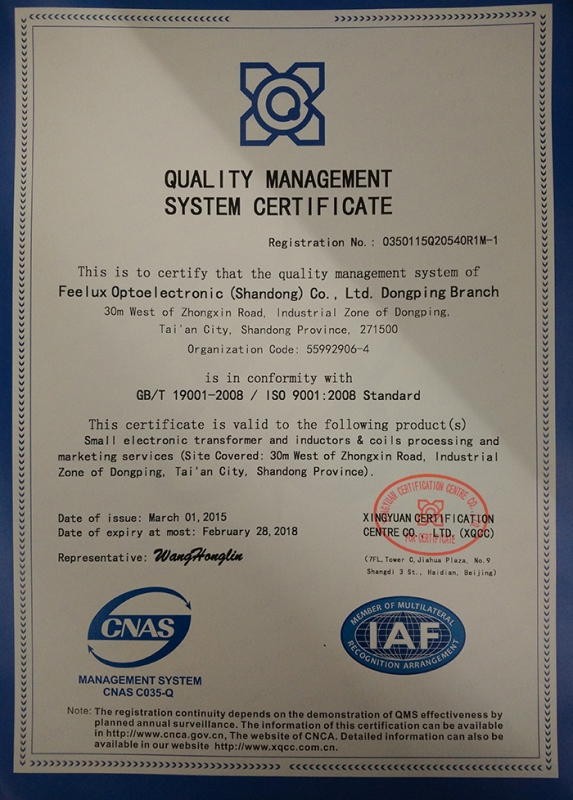 Dongping Branch Quality System Certificate ISO9001