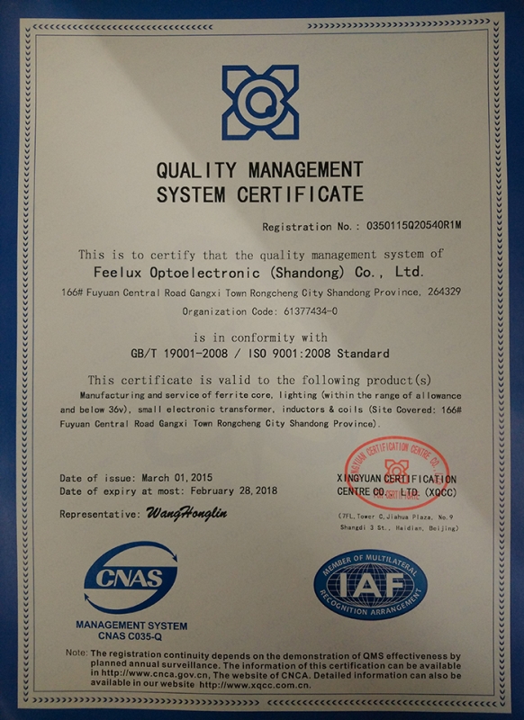 Feelux  Optoelectronic Quality System Certificate ISO9001